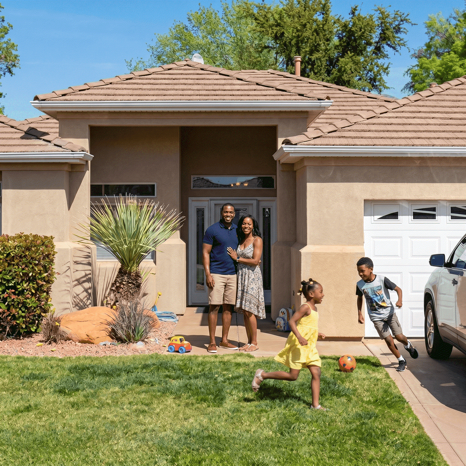 Family on the porch of their new rent-to-own home